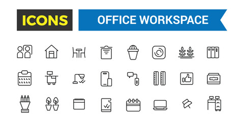 Office workspace icon set. Outline icons pack. Editable vector icon and illustration.