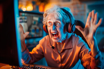 Obraz premium Older woman with headset experiences arousal during nighttime online gaming session