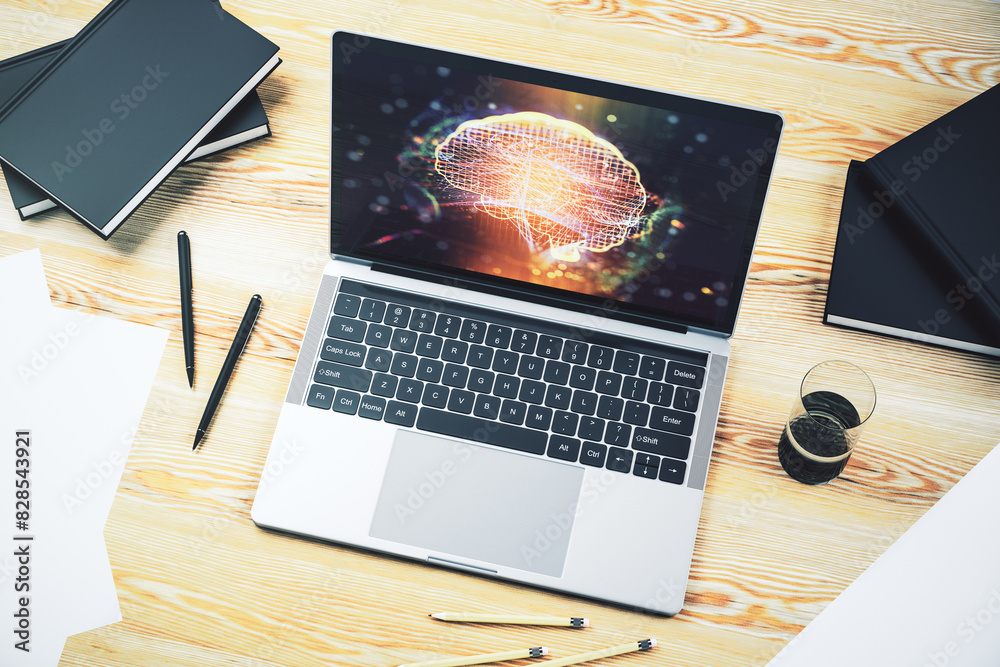 Aufkleber creative artificial intelligence concept with human brain sketch on modern laptop monitor. 3d render