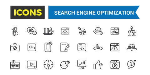 Search Engine Optimization Outline web icons set. Thin line web icon collection. Icon collection. Editable vector icon and illustration.