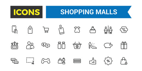 Shopping malls icon set. Retail icon collection, vector, thin line icons collection. Editable vector icon and illustration.