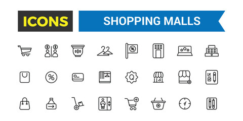 Shopping malls icon set. Retail icon collection, vector, thin line icons collection. Editable vector icon and illustration.
