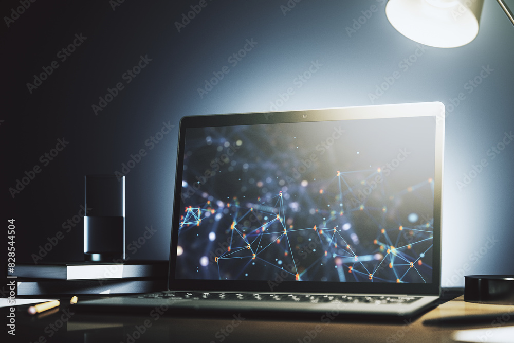 Leinwandbilder Modern computer monitor with technology desktop. Research and development software concept. 3D Rendering
