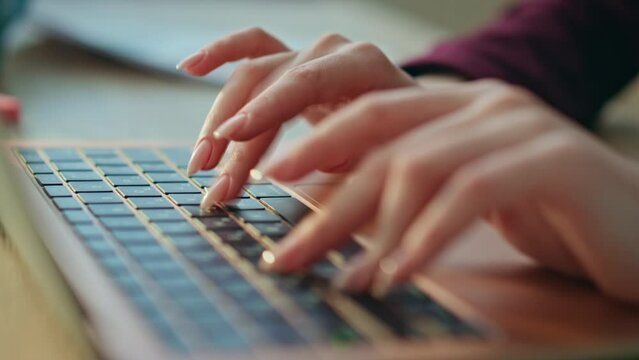 Woman hands using touchpad laptop closeup. Office girl employee typing computer