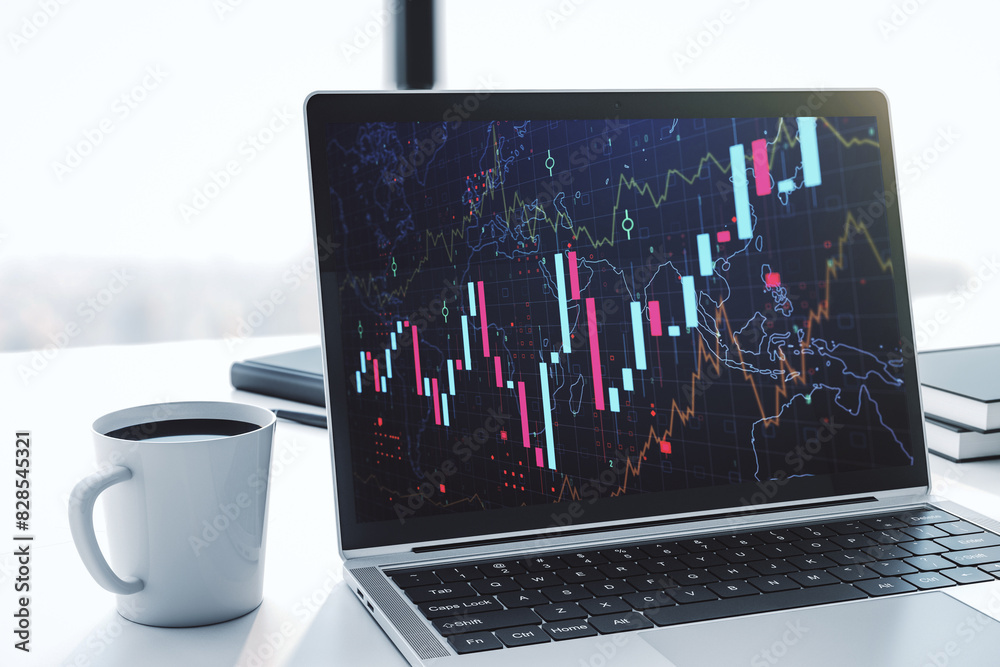 Aufkleber Modern computer screen with abstract creative financial chart, research and analytics concept. 3D Rendering