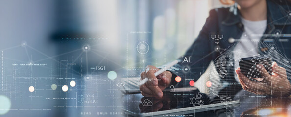 Data science, digital technology, big data management concept. Computer programmer, software engineer using digital tablet with internet network connection, software technology and development