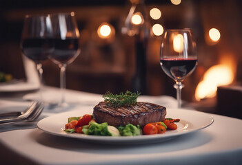 ed wine and grilled steak with vegetables in plate at luxury restaurant
