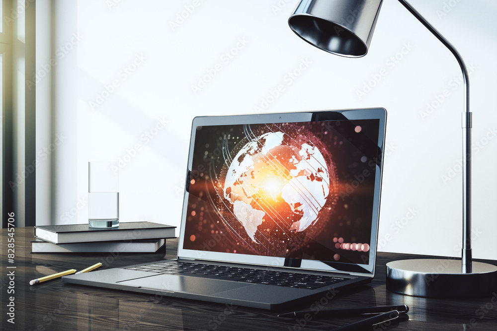 Leinwandbilder modern computer display with abstract graphic world map, big data and networking concept. 3d renderi