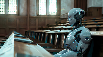 Future University Lecture Hall with Robotic Student Studying