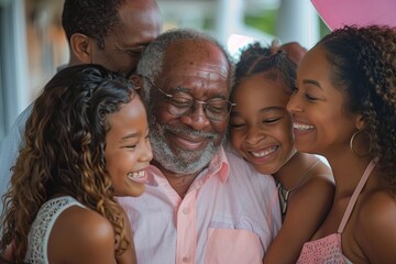Multigenerational African American family sharing a warm hug and smiling