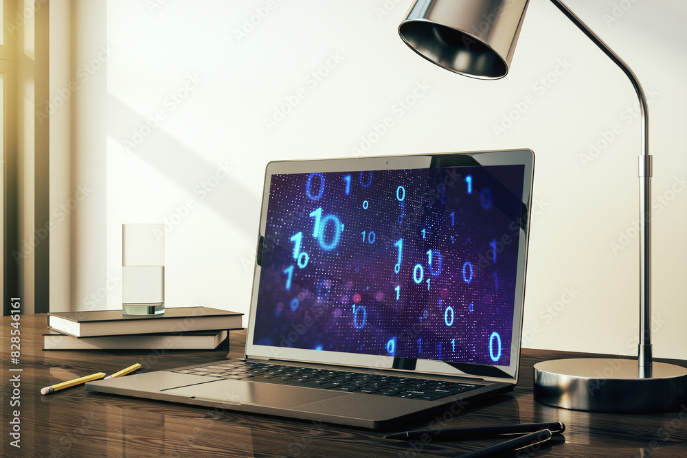 Aufkleber Creative abstract binary code sketch on modern laptop monitor, hacking and matrix concept. 3D Rendering