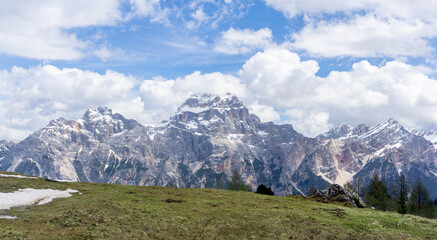 Winter and snowy mountain panorama on a sunny day showing the raw power of nature in the Dolomites 