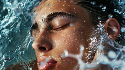 Aesthetic young man face with closed eyes and splashing water, moisturizing concept, beauty advertising. Generative AI
