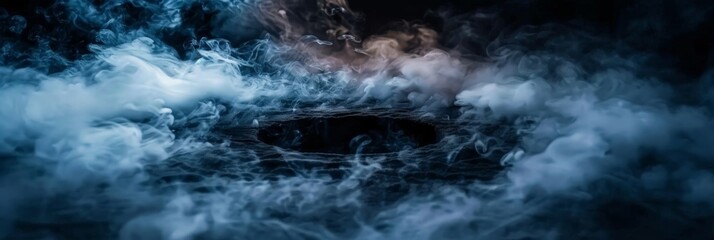 Fototapeta premium A mystical scene featuring a swirling smoke tunnel, with dark and ethereal vapor creating a circular opening in the center. The edges of the tunnel are illuminated by dramatic lighting, casting shadow