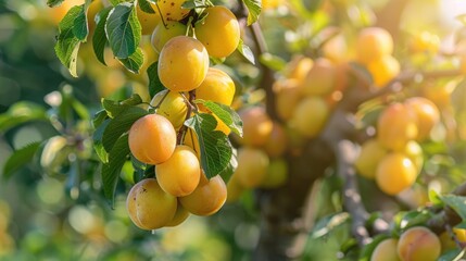 Plum tree full of blossoming mirabelle fruit in the spring