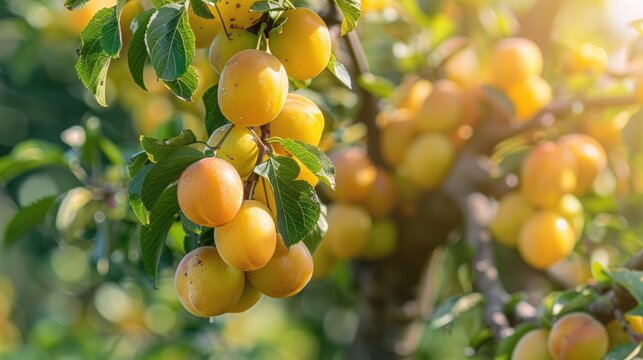 Plum tree full of blossoming mirabelle fruit in the spring