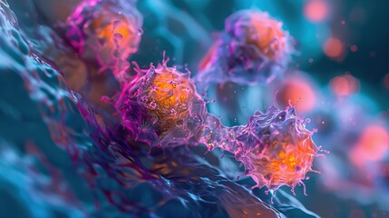 Obraz premium Vivid microscopic image of cultured cells, highlighting biological processes with vibrant colors and intricate details.