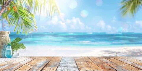 empty Wooden table top with blurred beach and sea background for product display, summer vacation concept banner.A tropical beach scene with empty weathered wooden deck , bordered by lush palm leaves
