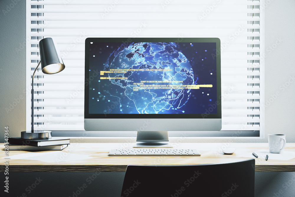 Leinwandbilder modern computer screen with abstract creative coding sketch and world map, artificial intelligence a