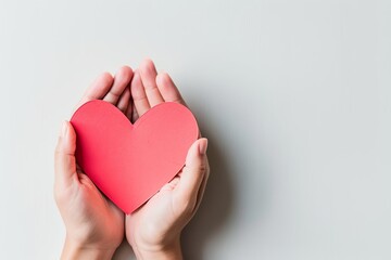 Fototapeta premium Hands holding a red heart on a white background, symbolizing love, care, and kindness, perfect for health and wellness themes.
