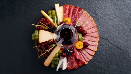 A plate of meat, cheese and fruit with a glass of wine, AI