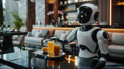 Fototapeta premium A robot waiter serving a juice on a tray in a modern hotel restaurant.