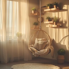 Hanging chair with sunlight in room by AI generate.