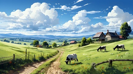 Farm life, rural farm scene with barn, green fields, and various animals - detailed 2d illustration
