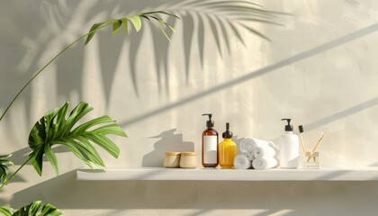 Modern bathroom shelf filled with various beauty and hygiene products alongside a plant and towels, creating a welcoming space, with banner space for text