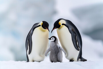three penguins in the snow