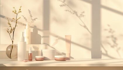 An elegant assortment of skincare products on a minimalistic display background, offering a clean and sophisticated setting for luxury skincare items