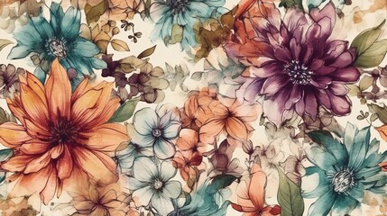 Seamless watercolor floral pattern with floral background in brown and black autumn colors. Grunge textured abstract tie dye leaf and flower garden design Ai generated