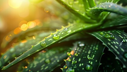 Fresh aloe vera leaves with droplets captured in a close-up, showcasing the vibrant and moisture-rich aspects of the plant