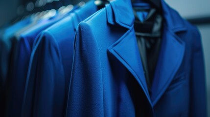 Stylish blue attire for women displayed in a line on a hanger Clothing collection