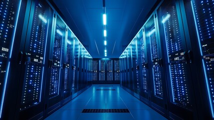 Cloud Computing Data Center, Rows of Servers Storing and Processing Information Globally