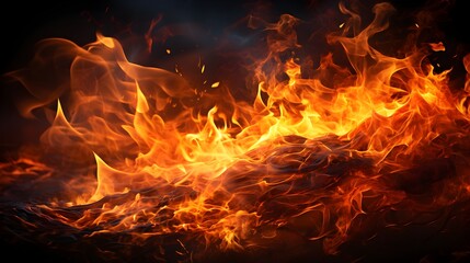 Intense heat and burning flames in close-up fire isolated on black background - fiery digital illustration