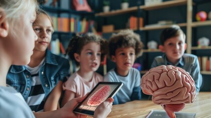 A teacher using a digital tablet to show a 3D model of the brain to a group of students, with the students looking engaged and interested 