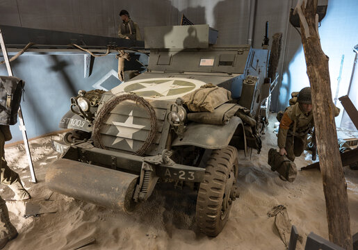 American M3 Sout Car half-track vehicle on the beaches of Normandy during the Second World War