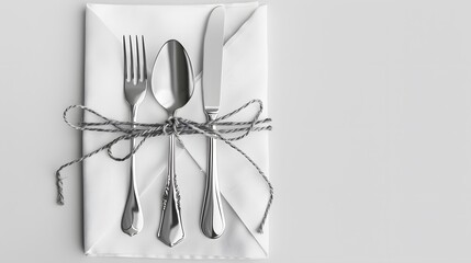 Cutlery on a napkin tied with thread. Kitchen utensils on white isolated background. Luxurious table setting - Powered by Adobe