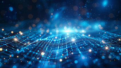 Obraz premium Abstract digital background with glowing connections and nodes forming an intricate network on dark blue backdrop, representing global data transfer or technology theme