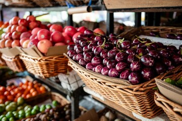 an assortment of different fruits and vegetables are in baskets on the stand