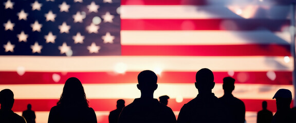 silhouettes of people in front of the flag of the United States of America on Memorial Day