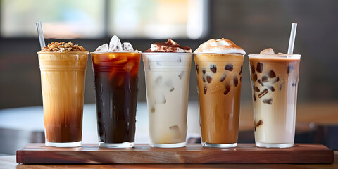 five Trio of iced coffee in plastic cup isolated on wood board brown background with clipping path beverages in clear cups with straws featuring varying levels of milk and cream .