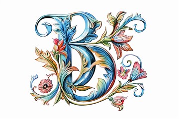 "B" Letter Colorful Floral Font. Engraving Design on White Background