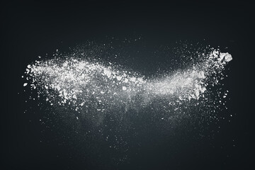 Abstract dynamic cloud of white dust particles dispersing against black smoke background in...