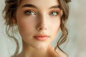 Portrait of a confident young woman with curly hair against a plain background.