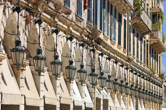 Famous lantern Liston square Kerkyra Corfu island Greece
