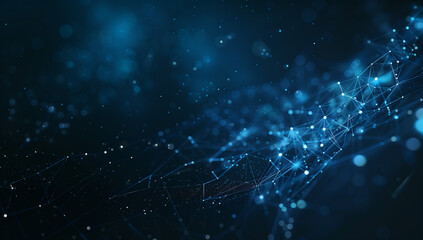 
Abstract digital background with network connections and glowing dots on dark blue backdrop, symbolizing global connectivity in technology.