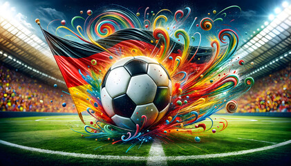 Football, soccer ball and german flag in a sports stadium. EM European Championship 2024. Win, winner, victory, celebration concept background illustration.