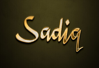 Old gold text effect of Arabic name Sadiq with 3D glossy style Mockup.